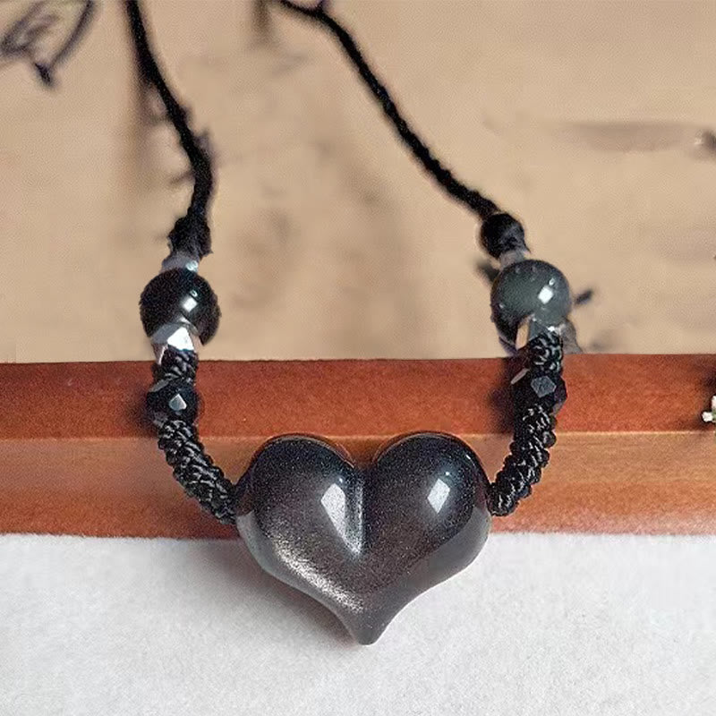 Stone of buddha Natural Silver Sheen Obsidian Heart Protection Necklace Pendant