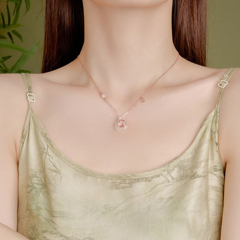 Stone of buddha Chalcedony Pink Crystal 925 Sterling Silver Flowers Koi Fish Peace Buckle Positive Necklace Pendant