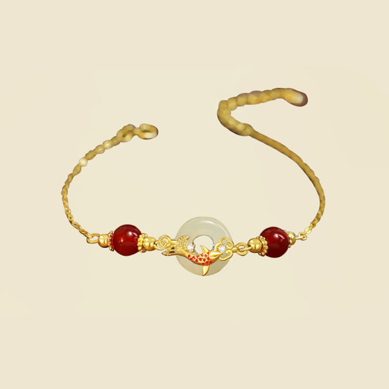 Stone of buddha Natural Hetian Jade 925 Sterling Silver Plated Gold Red Agate Beads Koi Fish Peace Buckle Luck Bracelet