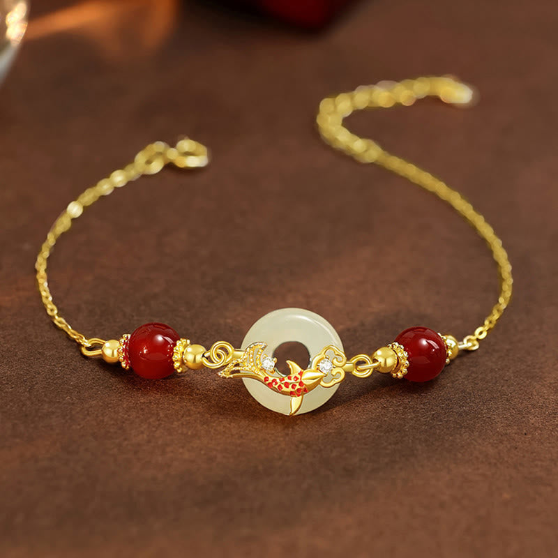 Stone of buddha Natural Hetian Jade 925 Sterling Silver Plated Gold Red Agate Beads Koi Fish Peace Buckle Luck Bracelet