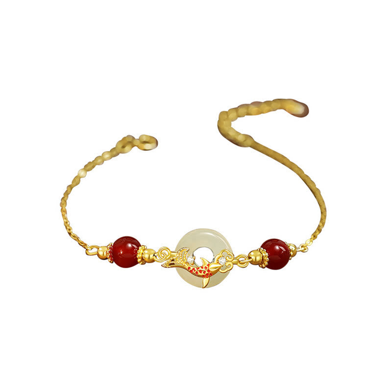 Stone of buddha Natural Hetian Jade 925 Sterling Silver Plated Gold Red Agate Beads Koi Fish Peace Buckle Luck Bracelet