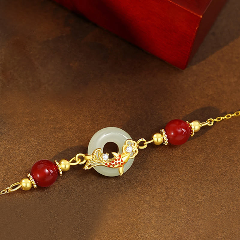 Stone of buddha Natural Hetian Jade 925 Sterling Silver Plated Gold Red Agate Beads Koi Fish Peace Buckle Luck Bracelet