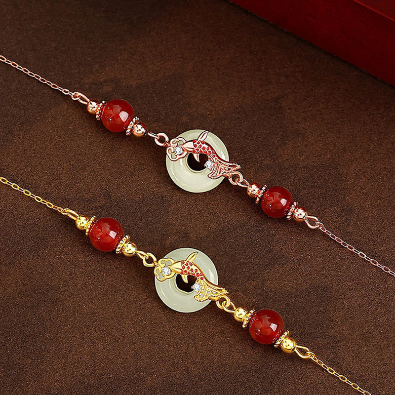 Stone of buddha Natural Hetian Jade 925 Sterling Silver Plated Gold Red Agate Beads Koi Fish Peace Buckle Luck Bracelet
