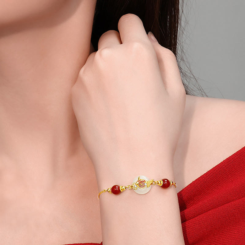 Stone of buddha Natural Hetian Jade 925 Sterling Silver Plated Gold Red Agate Beads Koi Fish Peace Buckle Luck Bracelet