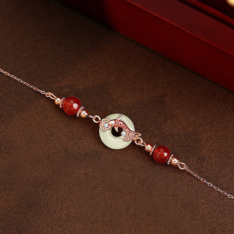 Stone of buddha Natural Hetian Jade 925 Sterling Silver Plated Gold Red Agate Beads Koi Fish Peace Buckle Luck Bracelet