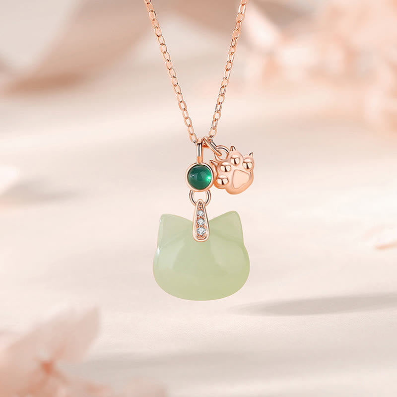 Stone of buddha Hetian Jade 925 Sterling Silver Plated Gold Cat Head Cat Paw Abundance Necklace Pendant