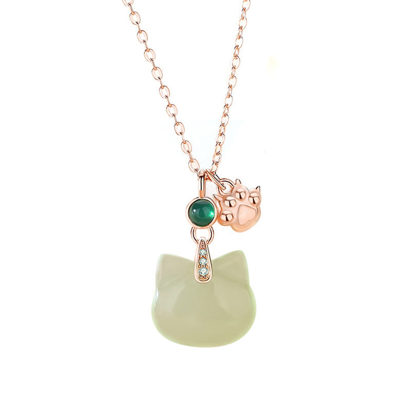 Stone of buddha Hetian Jade 925 Sterling Silver Plated Gold Cat Head Cat Paw Abundance Necklace Pendant