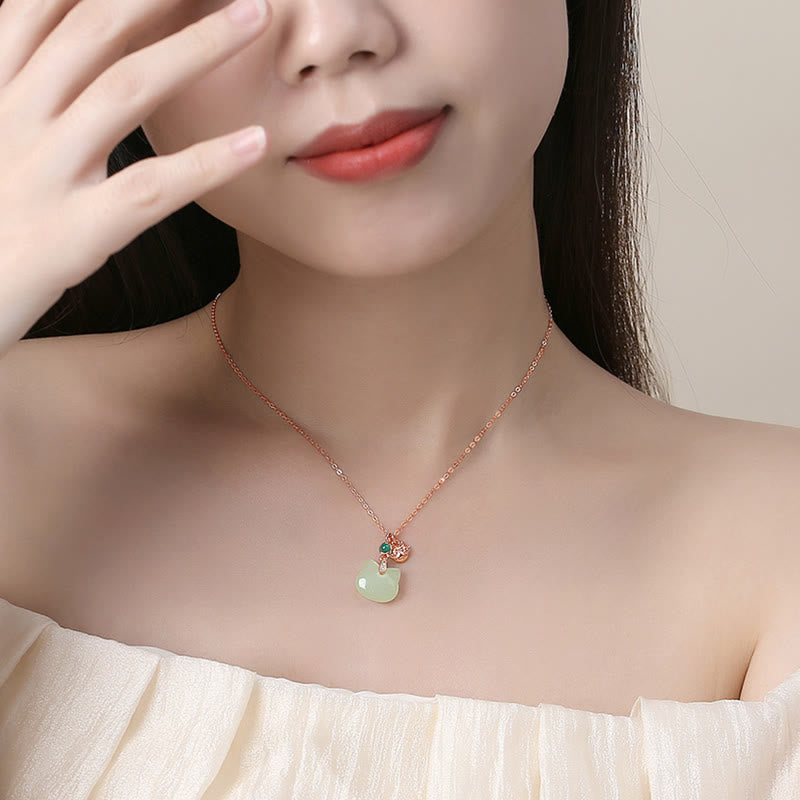 Stone of buddha Hetian Jade 925 Sterling Silver Plated Gold Cat Head Cat Paw Abundance Necklace Pendant