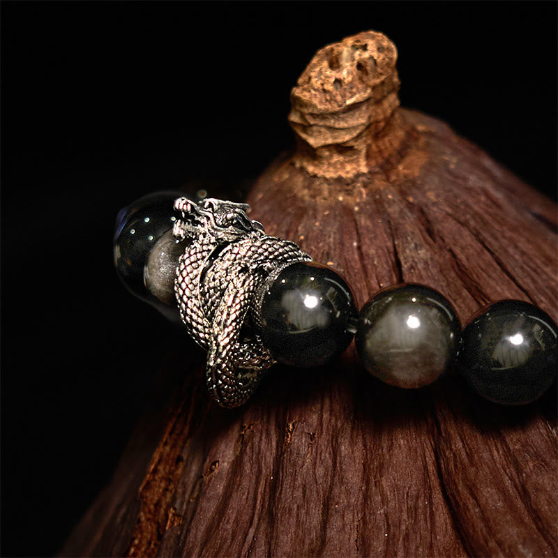 Stone of buddha Silver Sheen Obsidian Dragon Protection Bracelet