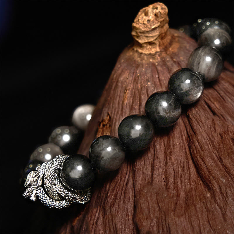 Stone of buddha Silver Sheen Obsidian Dragon Protection Bracelet