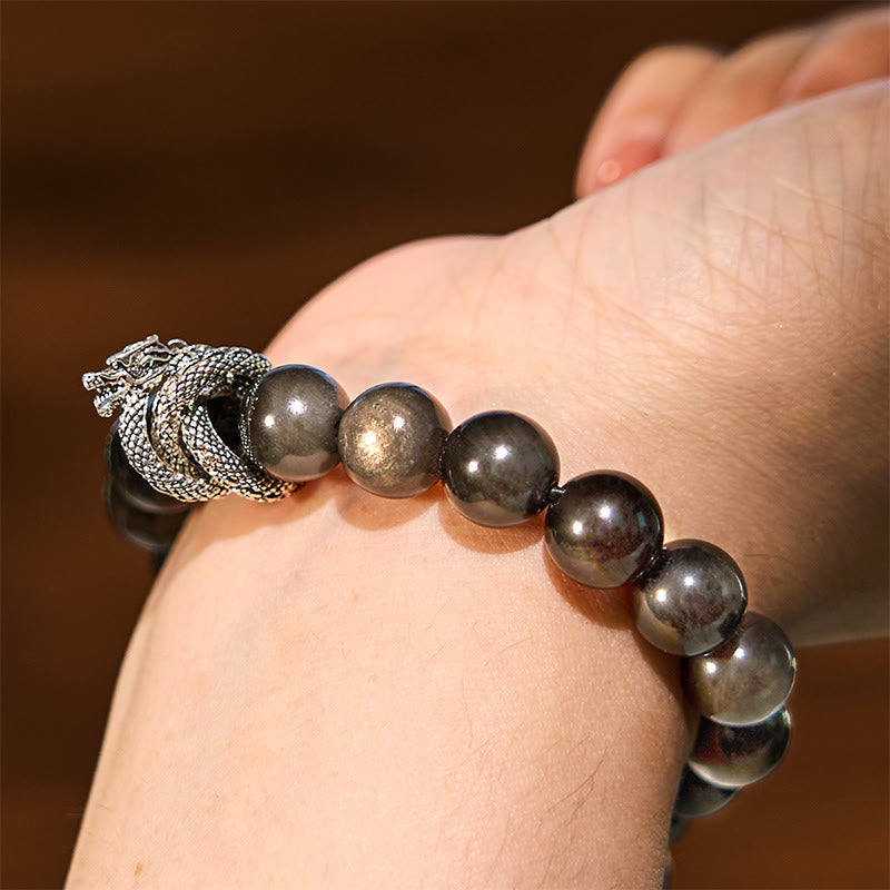 Stone of buddha Silver Sheen Obsidian Dragon Protection Bracelet