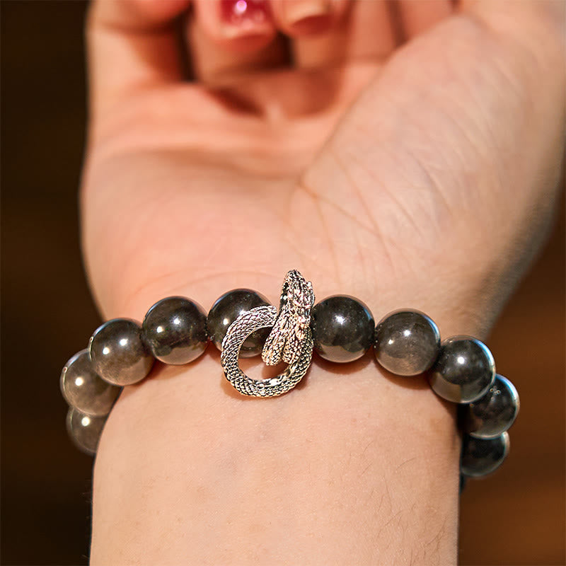 Stone of buddha Silver Sheen Obsidian Dragon Protection Bracelet