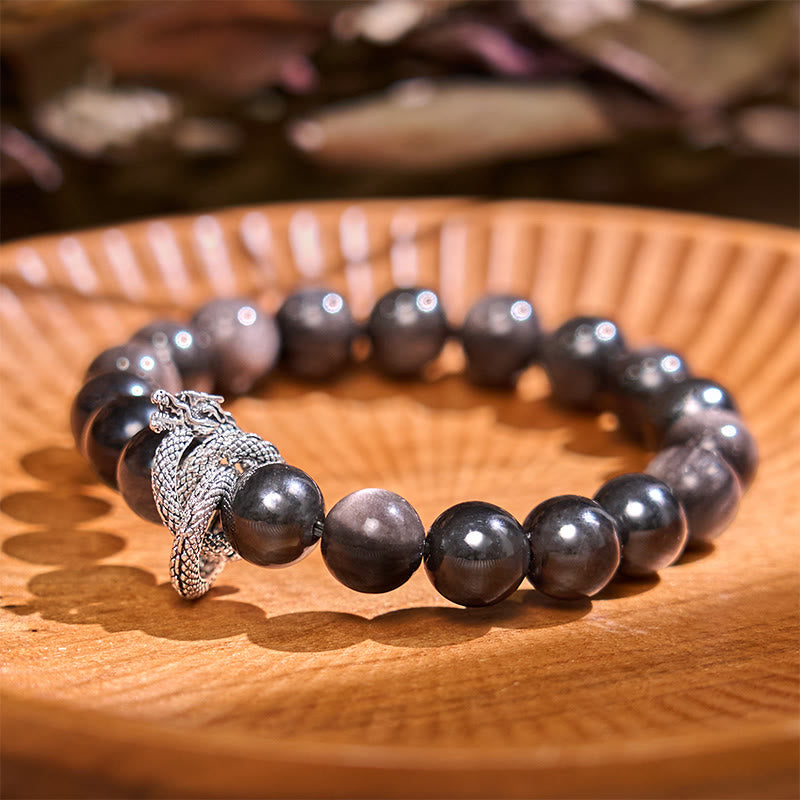 Stone of buddha Silver Sheen Obsidian Dragon Protection Bracelet