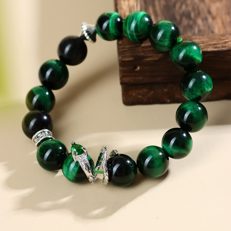 Stone of buddha Green Tiger Eye Silver Sheen Obsidian Year of the Snake Strength Bracelet