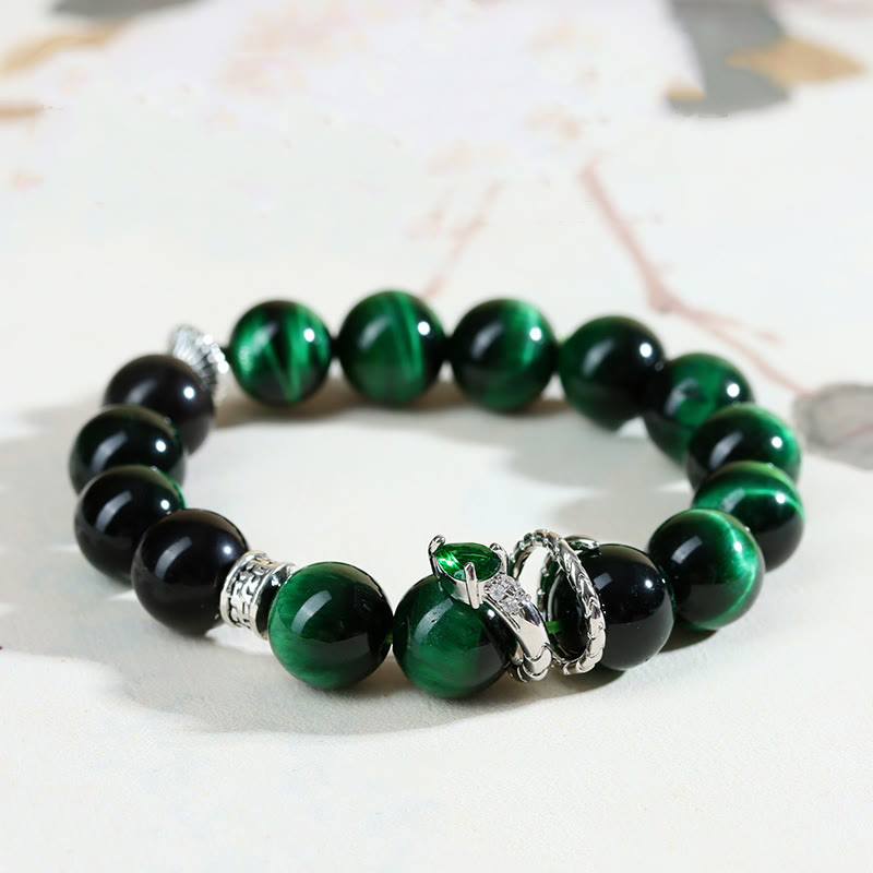 Stone of buddha Green Tiger Eye Silver Sheen Obsidian Year of the Snake Strength Bracelet