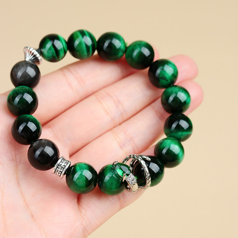 Stone of buddha Green Tiger Eye Silver Sheen Obsidian Year of the Snake Strength Bracelet