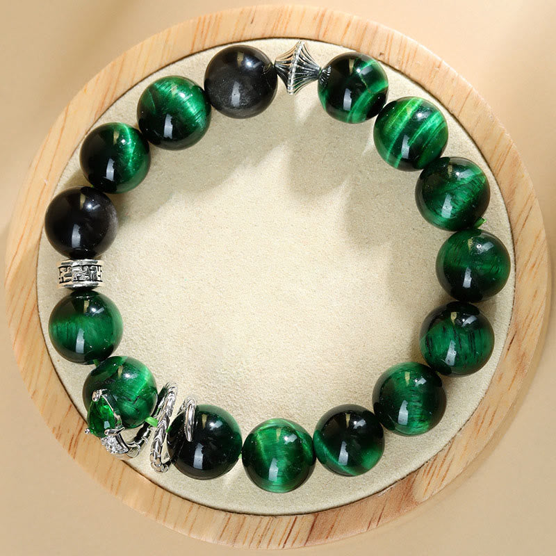Stone of buddha Green Tiger Eye Silver Sheen Obsidian Year of the Snake Strength Bracelet