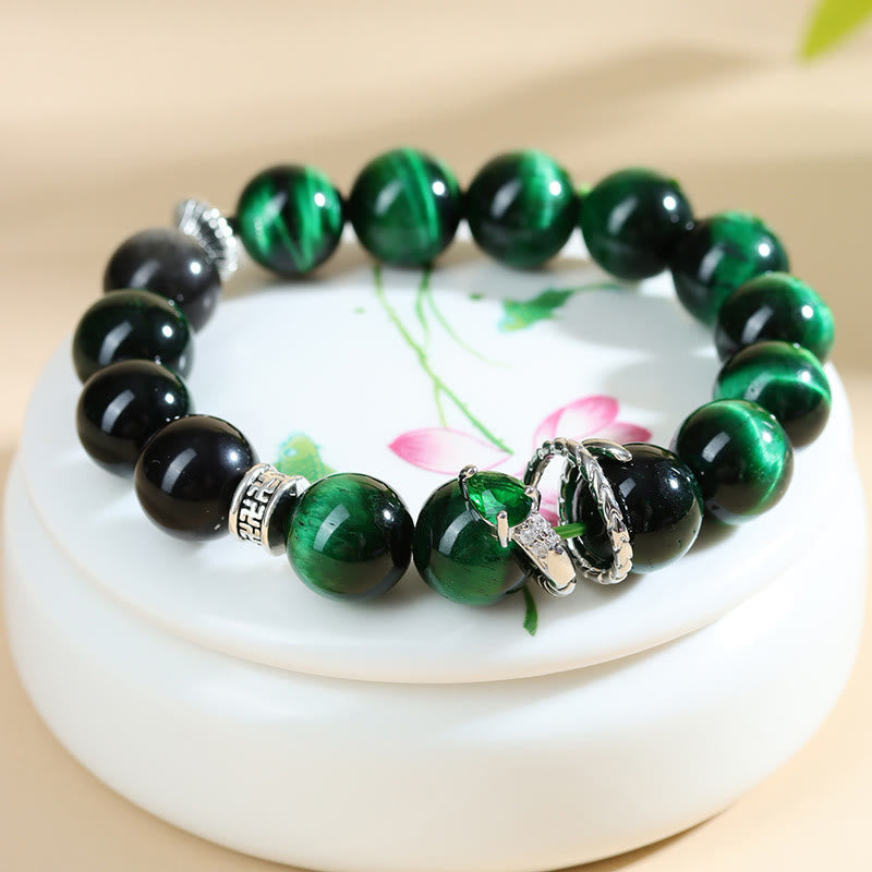 Stone of buddha Green Tiger Eye Silver Sheen Obsidian Year of the Snake Strength Bracelet