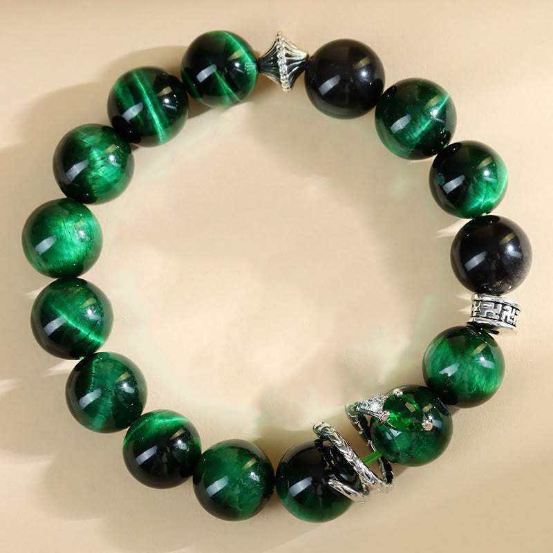 Stone of buddha Green Tiger Eye Silver Sheen Obsidian Year of the Snake Strength Bracelet