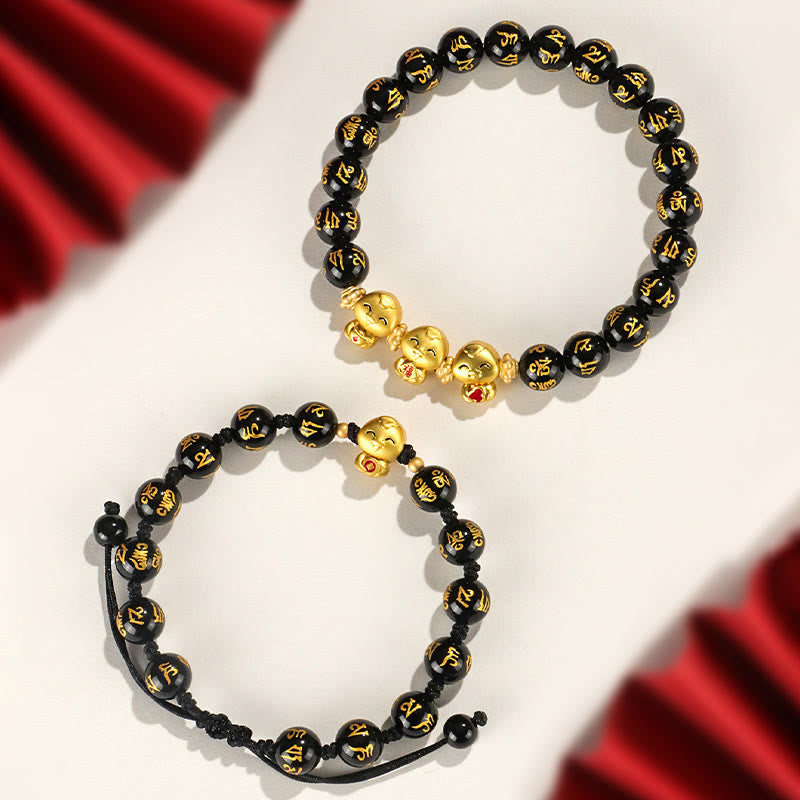 Stone of buddha Red Agate Black Onyx Bead Copper Year Of The Snake Fu Character Om Mani Padme Hum Happiness Bracelet