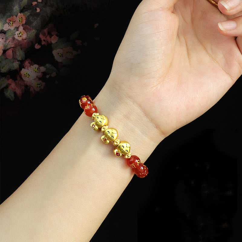 Stone of buddha Red Agate Black Onyx Bead Copper Year Of The Snake Fu Character Om Mani Padme Hum Happiness Bracelet