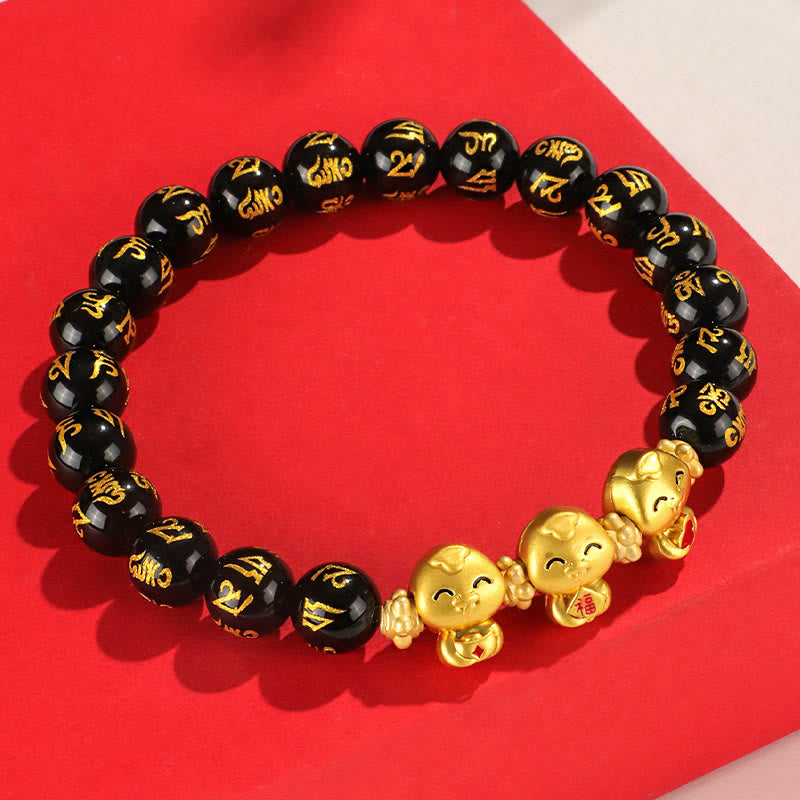 Stone of buddha Red Agate Black Onyx Bead Copper Year Of The Snake Fu Character Om Mani Padme Hum Happiness Bracelet