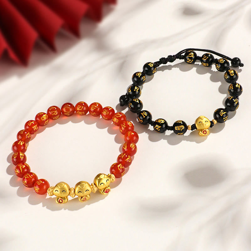 Stone of buddha Red Agate Black Onyx Bead Copper Year Of The Snake Fu Character Om Mani Padme Hum Happiness Bracelet