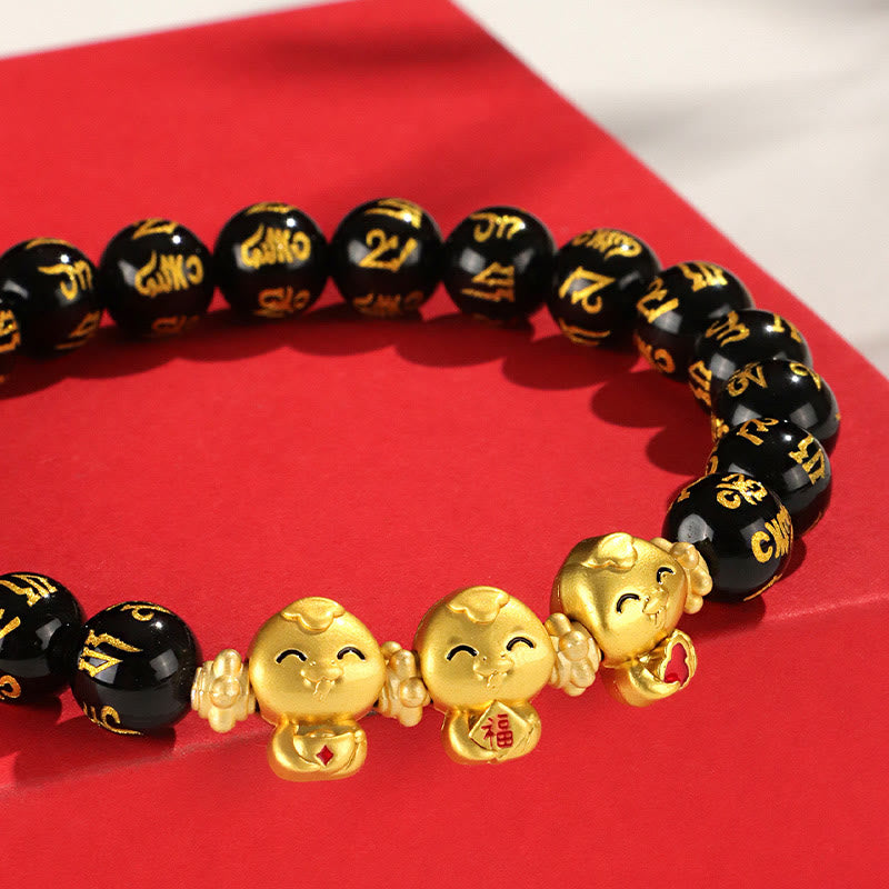 Stone of buddha Red Agate Black Onyx Bead Copper Year Of The Snake Fu Character Om Mani Padme Hum Happiness Bracelet
