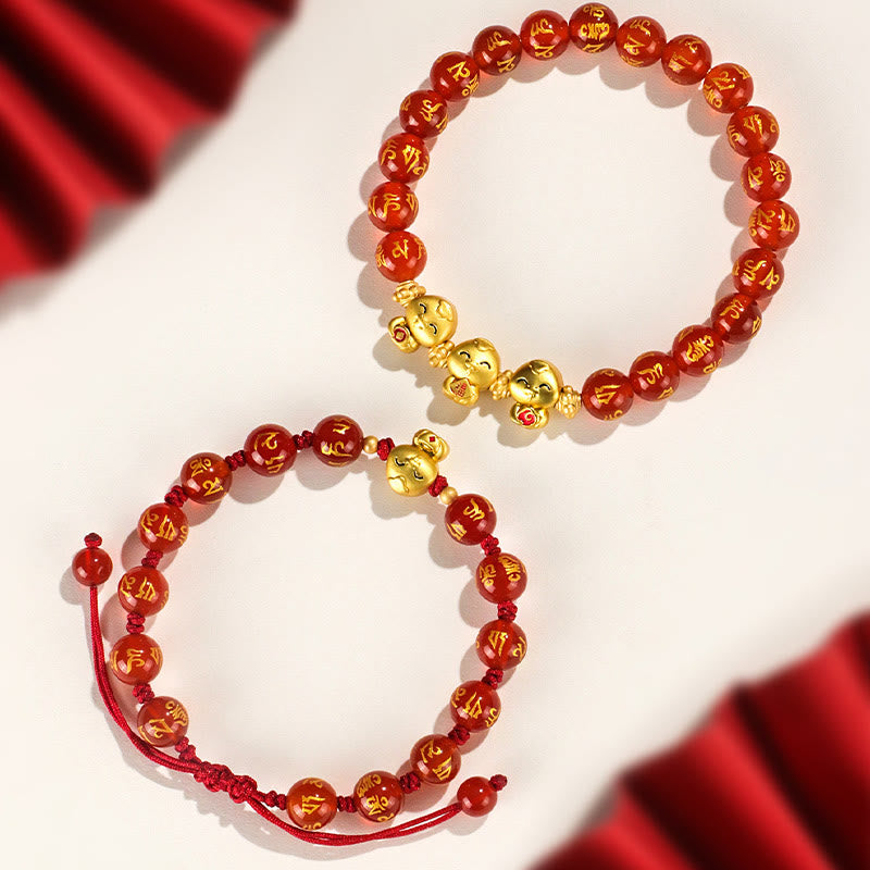 Stone of buddha Red Agate Black Onyx Bead Copper Year Of The Snake Fu Character Om Mani Padme Hum Happiness Bracelet