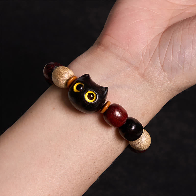 Stone of buddha Small Leaf Red Sandalwood Ebony Wood Cute Cat Engraved Protection Bracelet