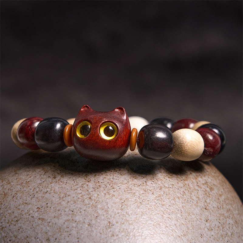 Stone of buddha Small Leaf Red Sandalwood Ebony Wood Cute Cat Engraved Protection Bracelet