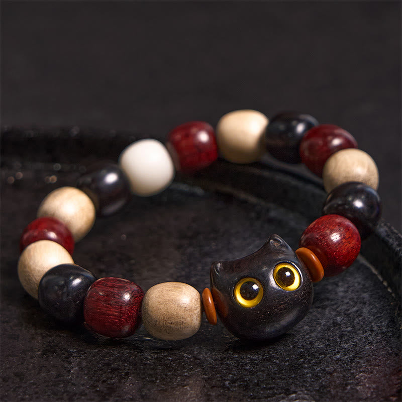 Stone of buddha Small Leaf Red Sandalwood Ebony Wood Cute Cat Engraved Protection Bracelet