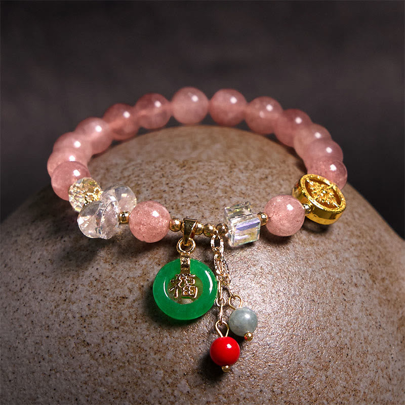Stone of buddha Strawberry Quartz Jade Fu Character Charm Healing Bracelet