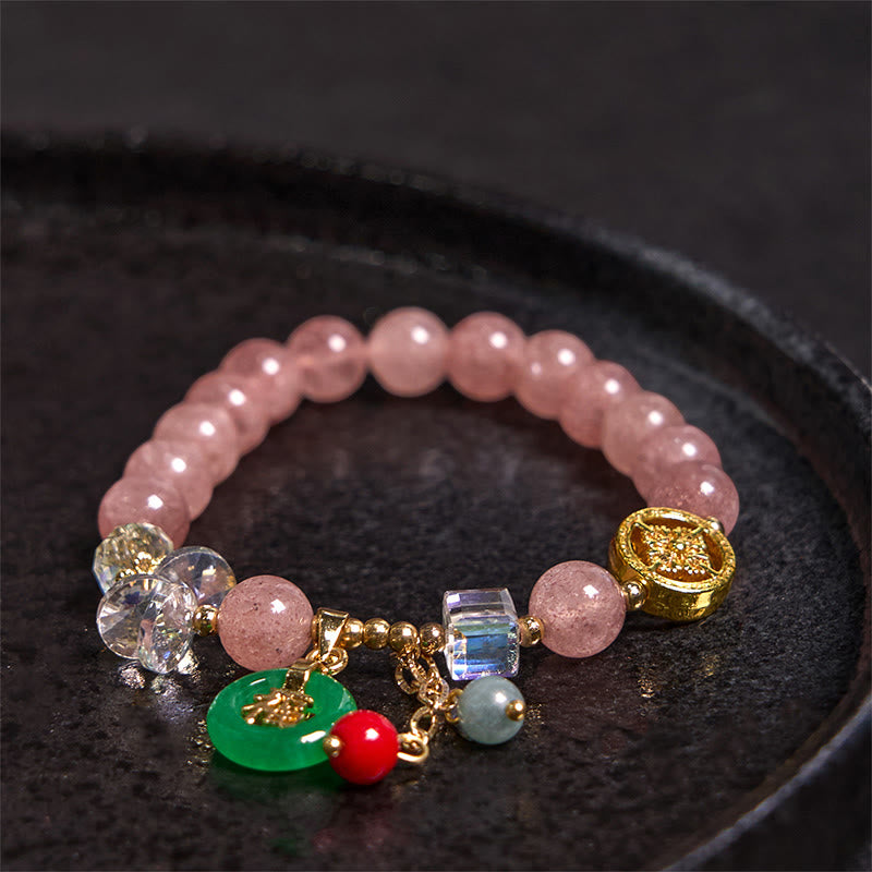 Stone of buddha Strawberry Quartz Jade Fu Character Charm Healing Bracelet