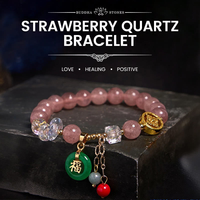 Stone of buddha Strawberry Quartz Jade Fu Character Charm Healing Bracelet