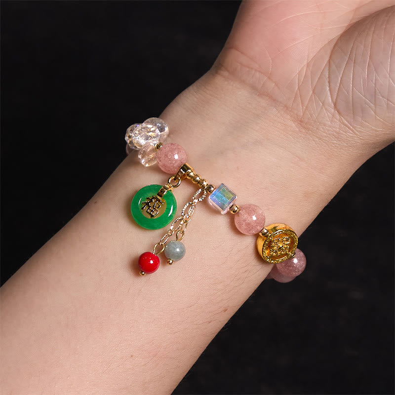 Stone of buddha Strawberry Quartz Jade Fu Character Charm Healing Bracelet