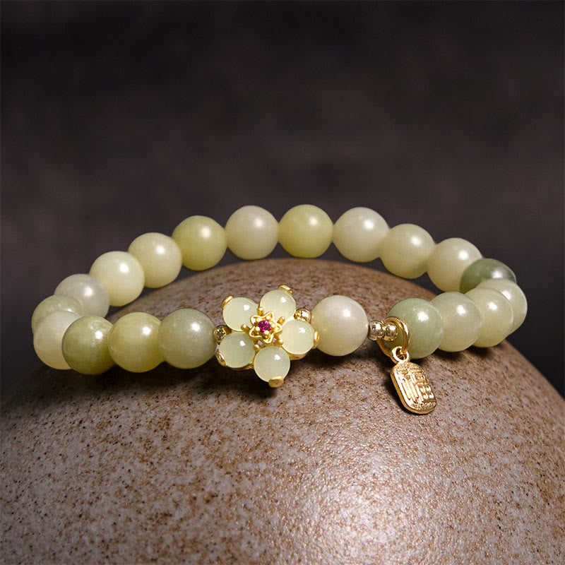 Stone of buddha Green Jade Flower Fu Character Charm Luck Bracelet