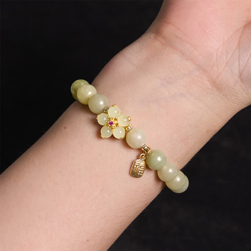 Stone of buddha Green Jade Flower Fu Character Charm Luck Bracelet