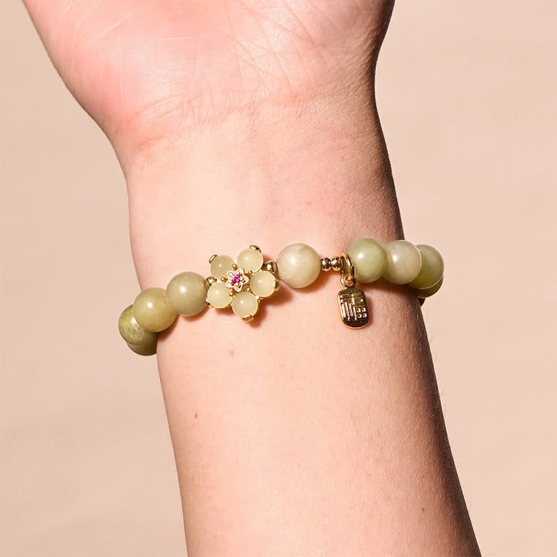Stone of buddha Green Jade Flower Fu Character Charm Luck Bracelet