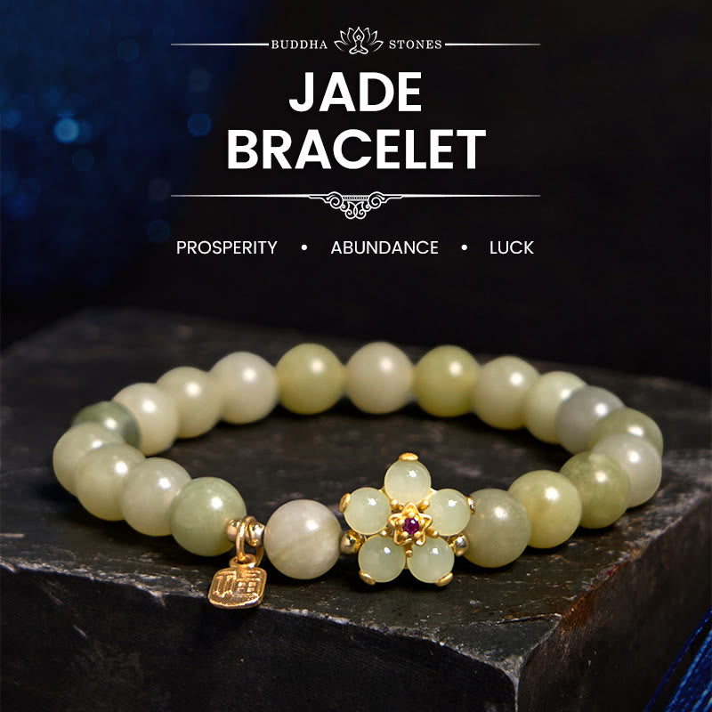 Stone of buddha Green Jade Flower Fu Character Charm Luck Bracelet