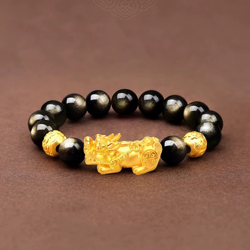 Stone of buddha Natural Gold Sheen Obsidian PiXiu Om Mani Padme Hum Wealth Bracelet