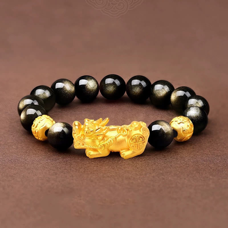 Stone of buddha Natural Gold Sheen Obsidian PiXiu Om Mani Padme Hum Wealth Bracelet
