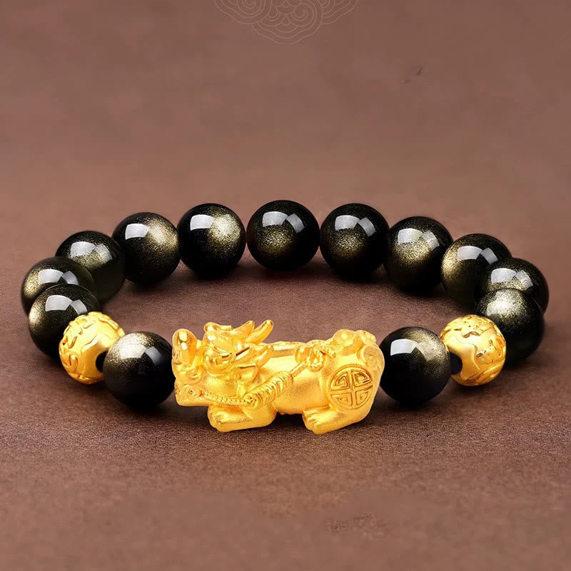 Stone of buddha Natural Gold Sheen Obsidian PiXiu Om Mani Padme Hum Wealth Bracelet