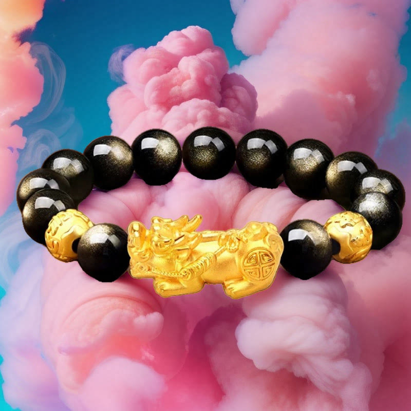 Stone of buddha Natural Gold Sheen Obsidian PiXiu Om Mani Padme Hum Wealth Bracelet