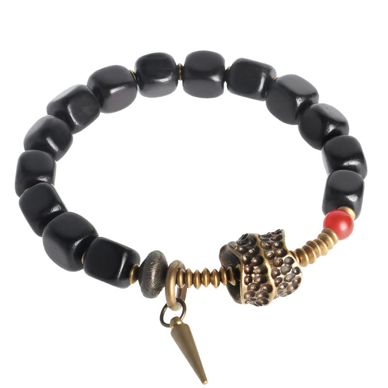 Stone of buddha Ebony Wood Copper Brass Red Agate Peace Bracelet