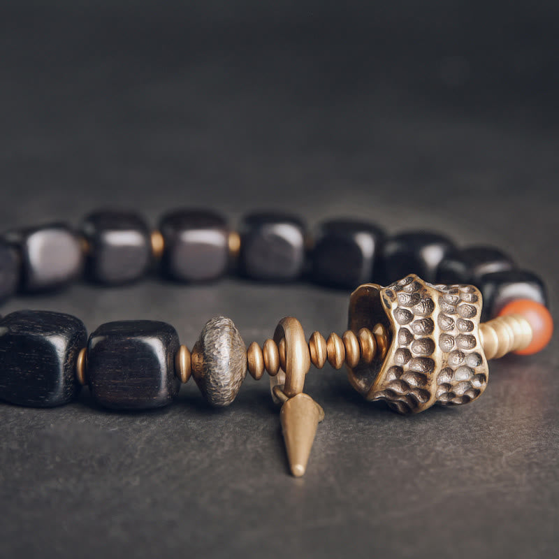 Stone of buddha Ebony Wood Copper Brass Red Agate Peace Bracelet