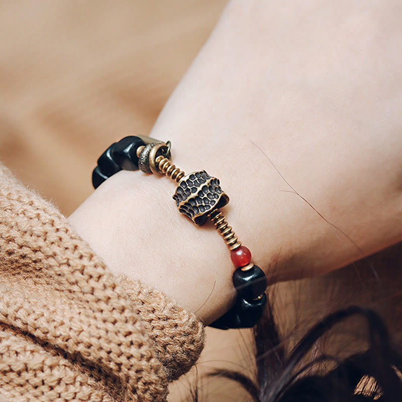 Stone of buddha Ebony Wood Copper Brass Red Agate Peace Bracelet