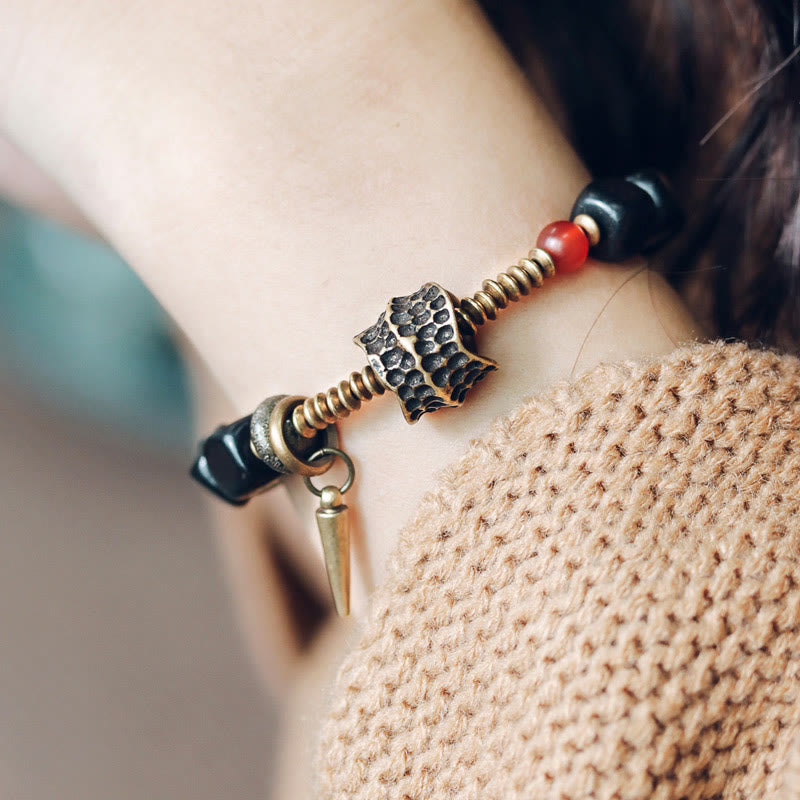 Stone of buddha Ebony Wood Copper Brass Red Agate Peace Bracelet