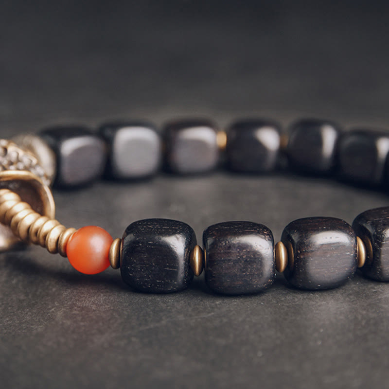 Stone of buddha Ebony Wood Copper Brass Red Agate Peace Bracelet