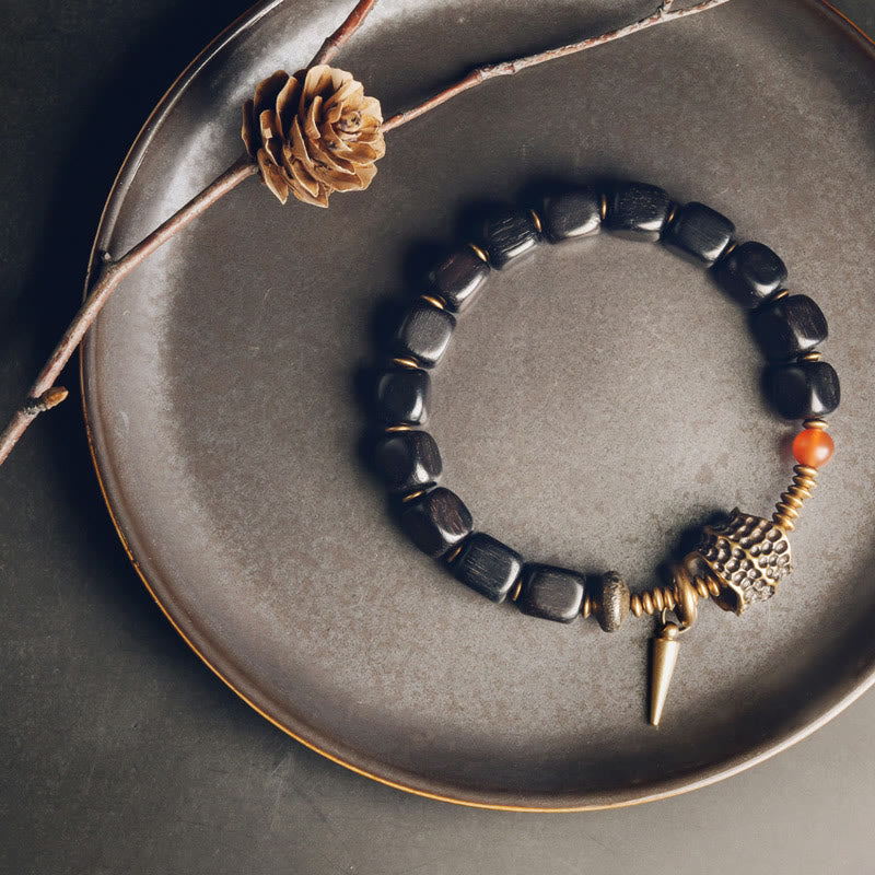 Stone of buddha Ebony Wood Copper Brass Red Agate Peace Bracelet